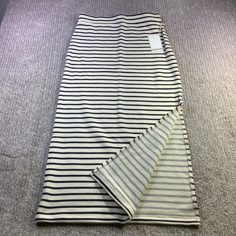 Splendid Womens Striped Knit Maxi Skirt Navy Cream Side Slit Size Small NWT